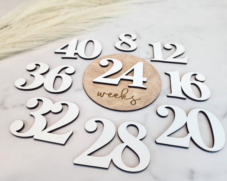 Pregnancy Milestone Disc Set | Wooden Weekly Tracker from 8 to 40 Weeks | Raised Number Cards | 4 Inch Round Pine MDF | Baby Bump Photo Prop | Maternity Memory Keepsake,